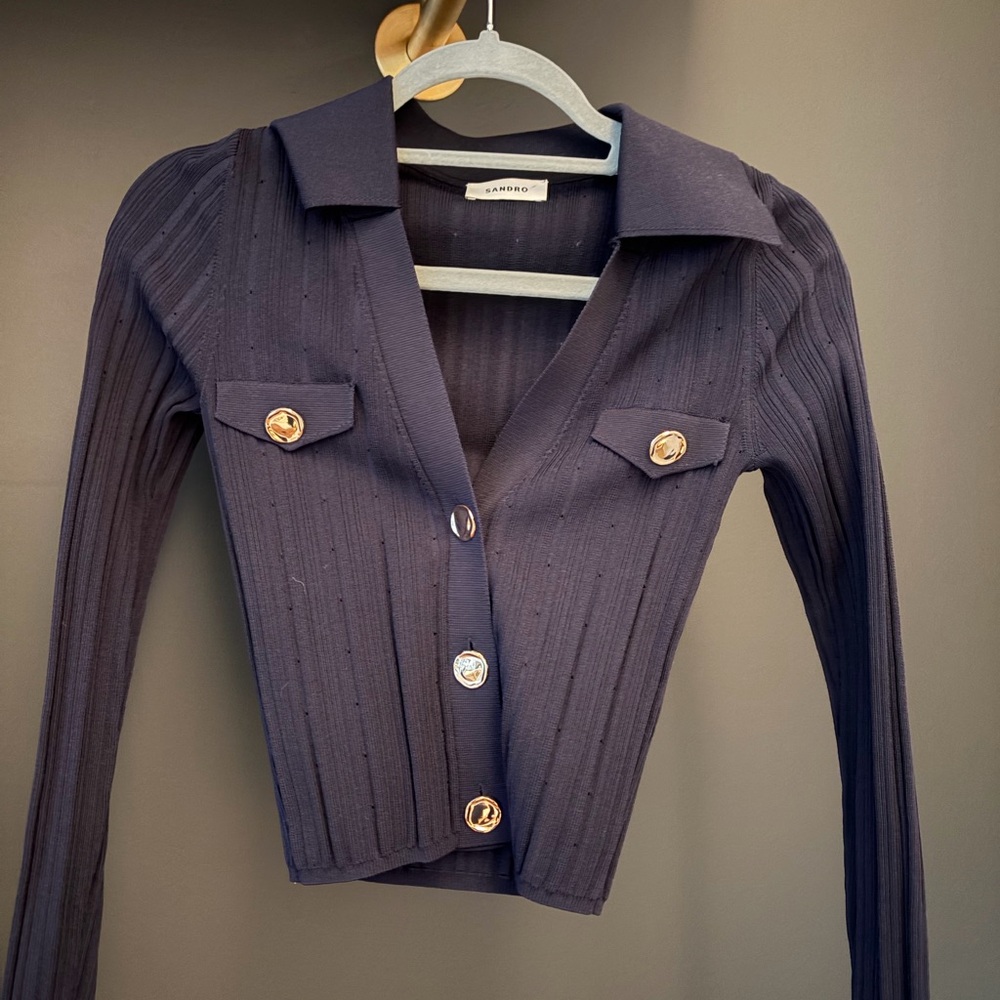 Sandro Women's Dark Blue Ribbed Cardigan with Gold Buttons